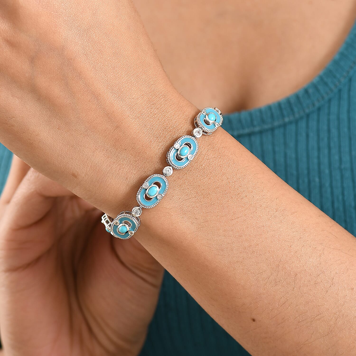 D'Joy Sleeping Beauty Turquoise & White Zircon Station Bracelet (Size - 7.5) with GB Lock Box in Rhodium Overlay Sterling Silver 2.94 Ct, Silver Wt. 17.87 Gms