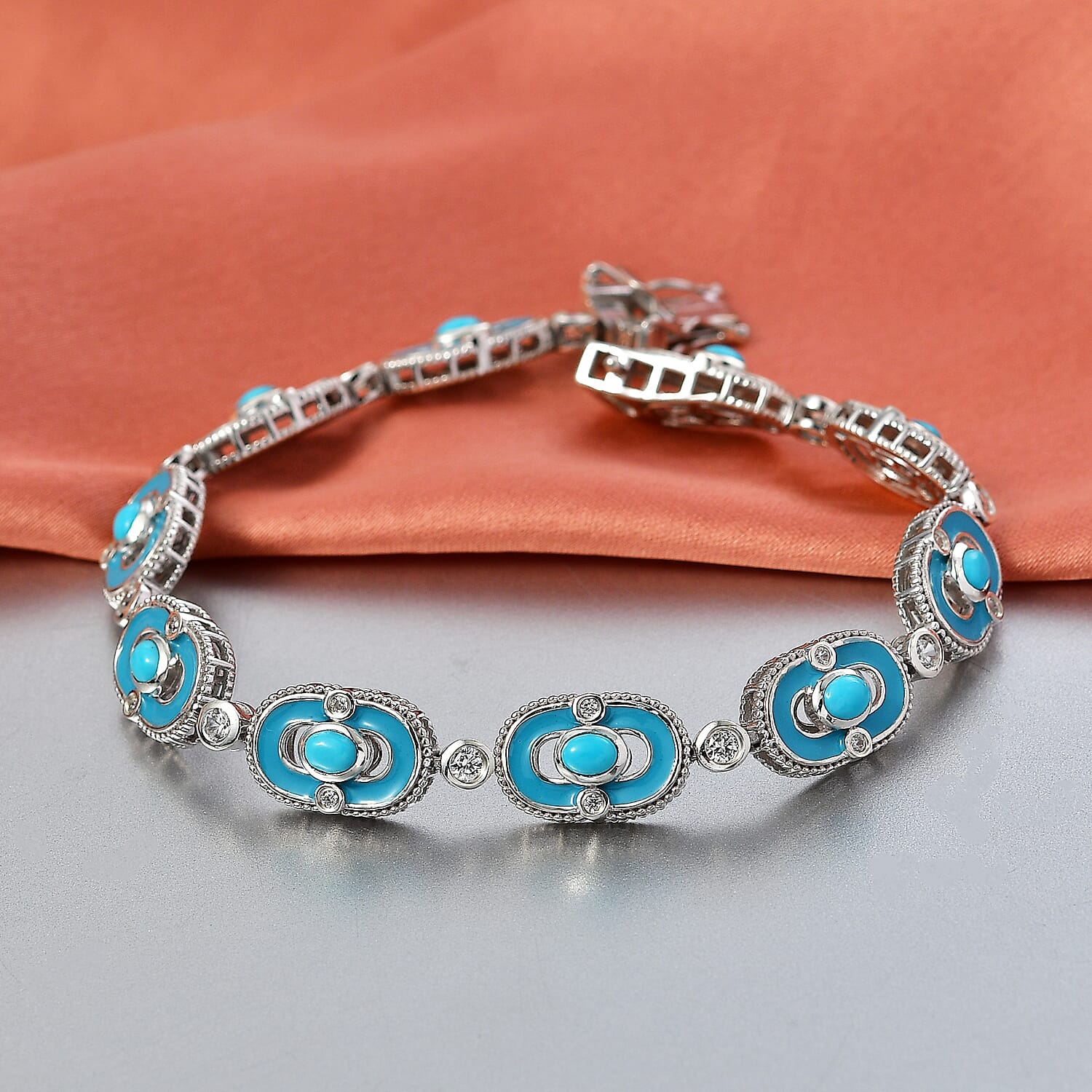 D'Joy Sleeping Beauty Turquoise & White Zircon Station Bracelet (Size - 7.5) with GB Lock Box in Rhodium Overlay Sterling Silver 2.94 Ct, Silver Wt. 17.87 Gms