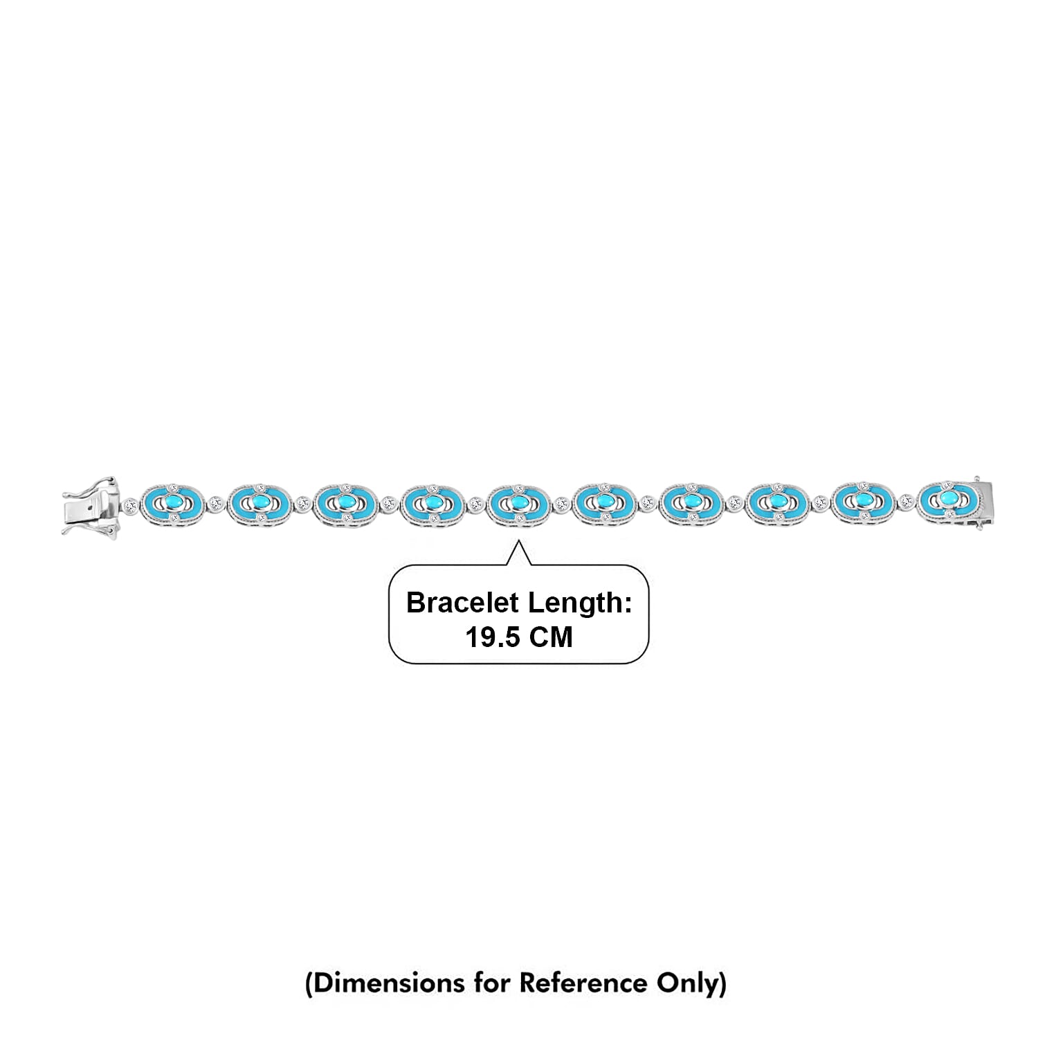 D'Joy Sleeping Beauty Turquoise & White Zircon Station Bracelet (Size - 7.5) with GB Lock Box in Rhodium Overlay Sterling Silver 2.94 Ct, Silver Wt. 17.87 Gms