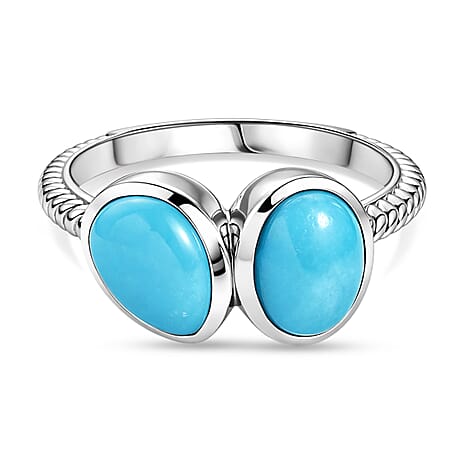 D'Joy Sleeping Beauty Turquoise 2 Stone Ring in Rhodium Overlay Sterling Silver 2.58 Ct.