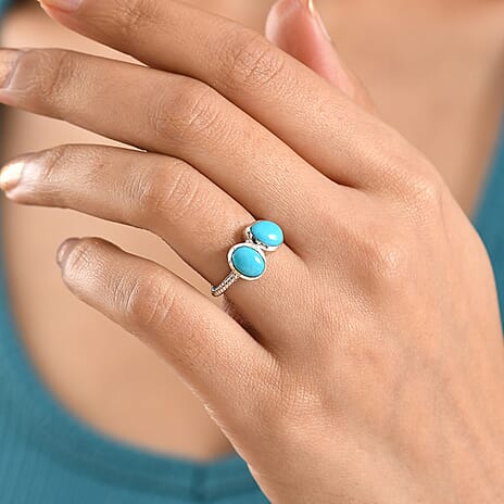 D'Joy Sleeping Beauty Turquoise 2 Stone Ring in Rhodium Overlay Sterling Silver 2.58 Ct.