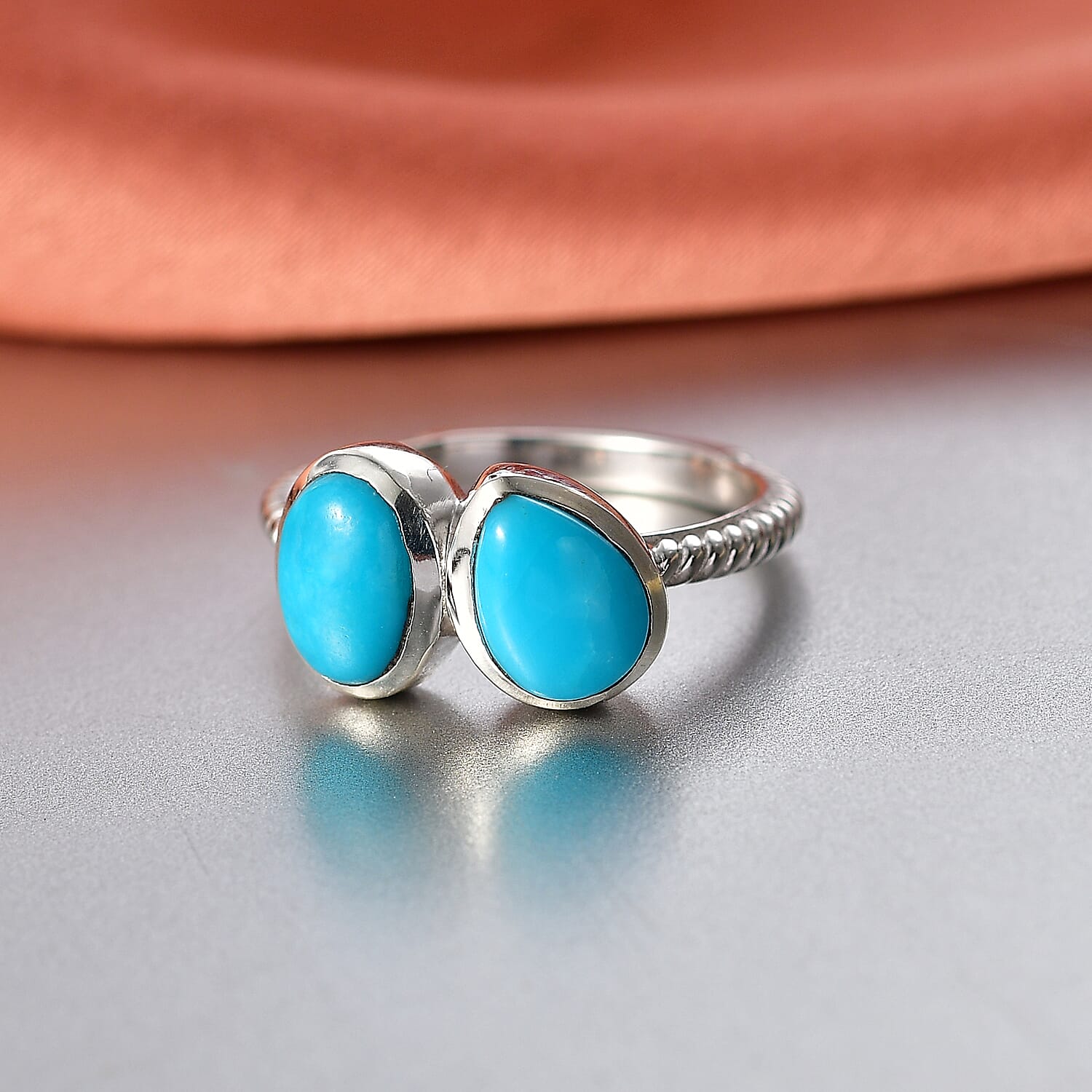 D'Joy Sleeping Beauty Turquoise 2 Stone Ring in Rhodium Overlay Sterling Silver 2.58 Ct.