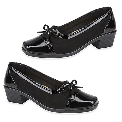 Shoetree Comfort Ladies Mcourt Shoe With Contrasting Toe Cap And Bow Trim (Size 7) - Black