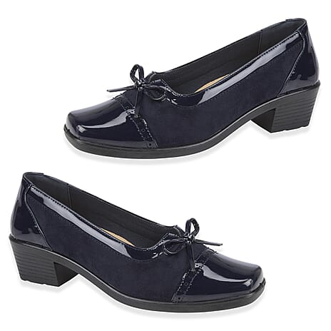 Shoetree Comfort Ladies Mcourt Shoe With Contrasting Toe Cap And Bow Trim (Size 7) - Navy
