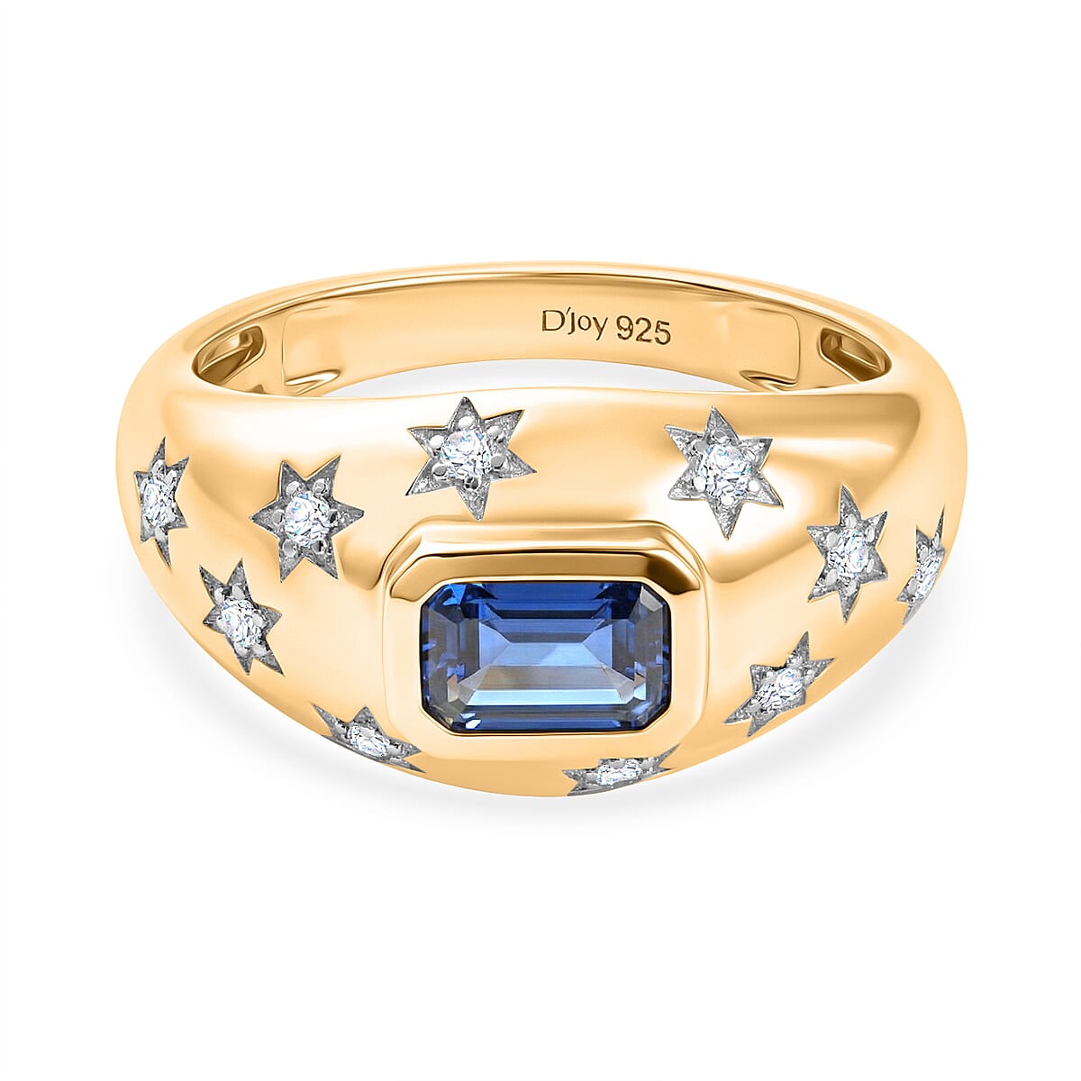 D'Joy AAA Natural Kashmir Kyanite Octagon & White Zircon Ring in Yellow Gold Plated Sterling Silver