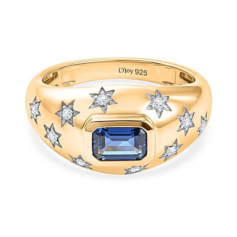 D'Joy AAA Natural Kashmir Kyanite Octagon & White Zircon Ring in Yellow Gold Plated Sterling Silver