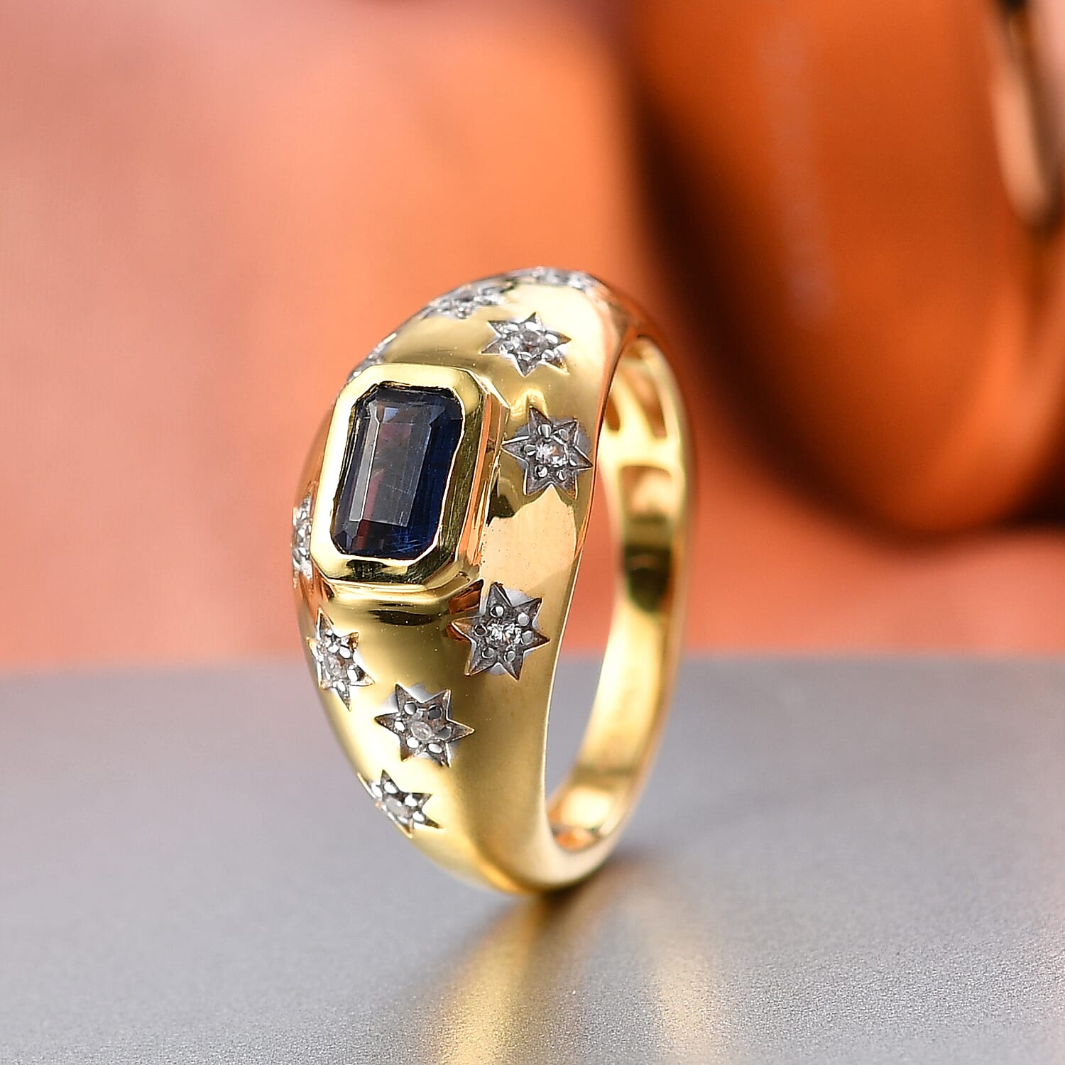 D'Joy AAA Natural Kashmir Kyanite Octagon & White Zircon Ring in Yellow Gold Plated Sterling Silver