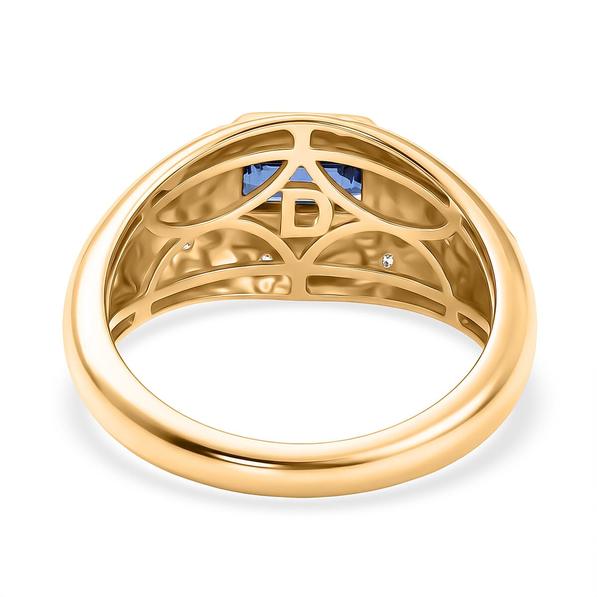 D'Joy AAA Natural Kashmir Kyanite Octagon & White Zircon Ring in Yellow Gold Plated Sterling Silver