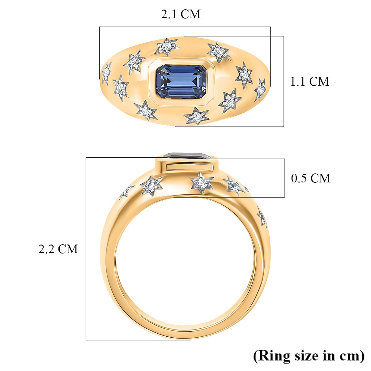 D'Joy AAA Natural Kashmir Kyanite Octagon & White Zircon Ring in Yellow Gold Plated Sterling Silver