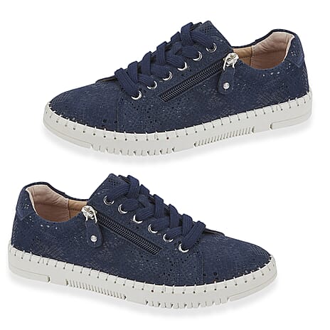 Jo - Joe Porto Ladies Lightweight Lace Up Suede Shoe With Functional Zips (Size 4) - Navy