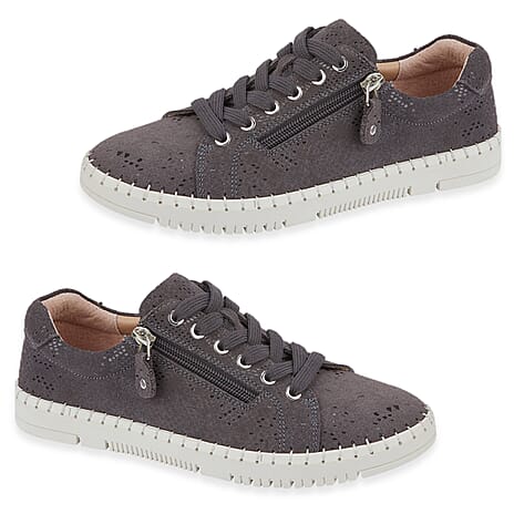 Jo - Joe Porto Ladies Lightweight Lace Up Suede Shoe With Functional Zips (Size 6) - Grey