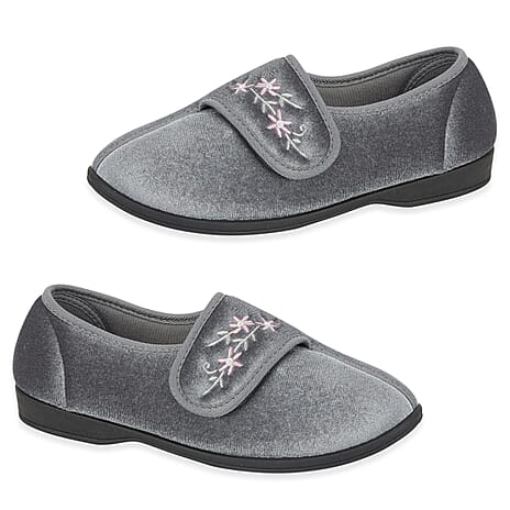 Jo - Joe Veronica Ladies Touch and Close Slipper with Floral Embroidery (Size 6) - Grey