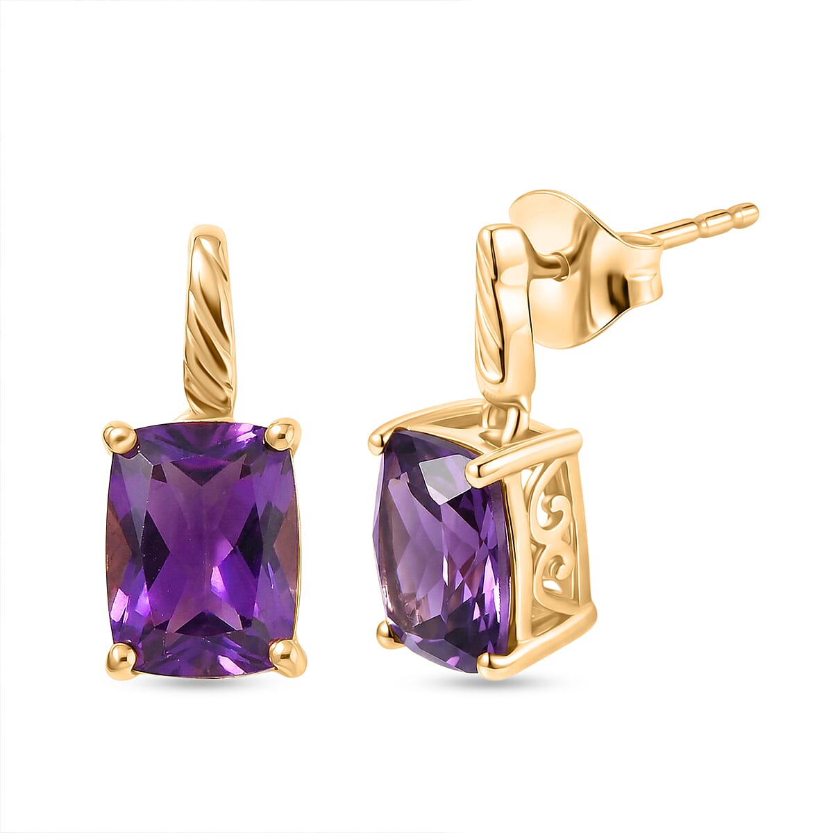 D'Joy - African Amethyst Solitaire Earring with Push Back in Yellow Gold Plated Sterling Silver 2.85 Ct.