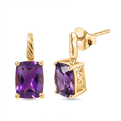 D'Joy - African Amethyst Solitaire Earring with Push Back in Yellow Gold Plated Sterling Silver 2.85 Ct.