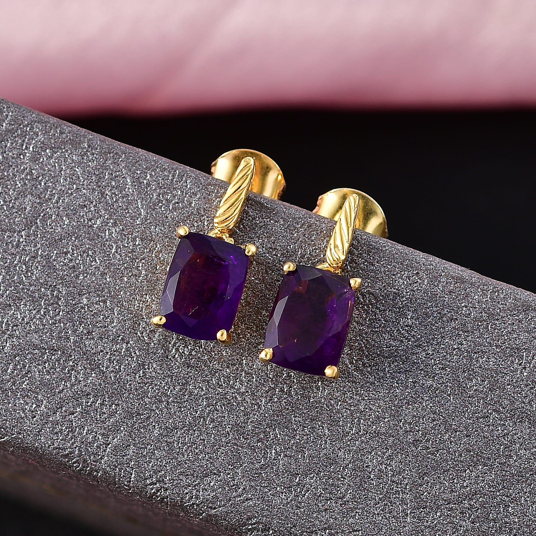 D'Joy - African Amethyst Solitaire Earring with Push Back in Yellow Gold Plated Sterling Silver 2.85 Ct.