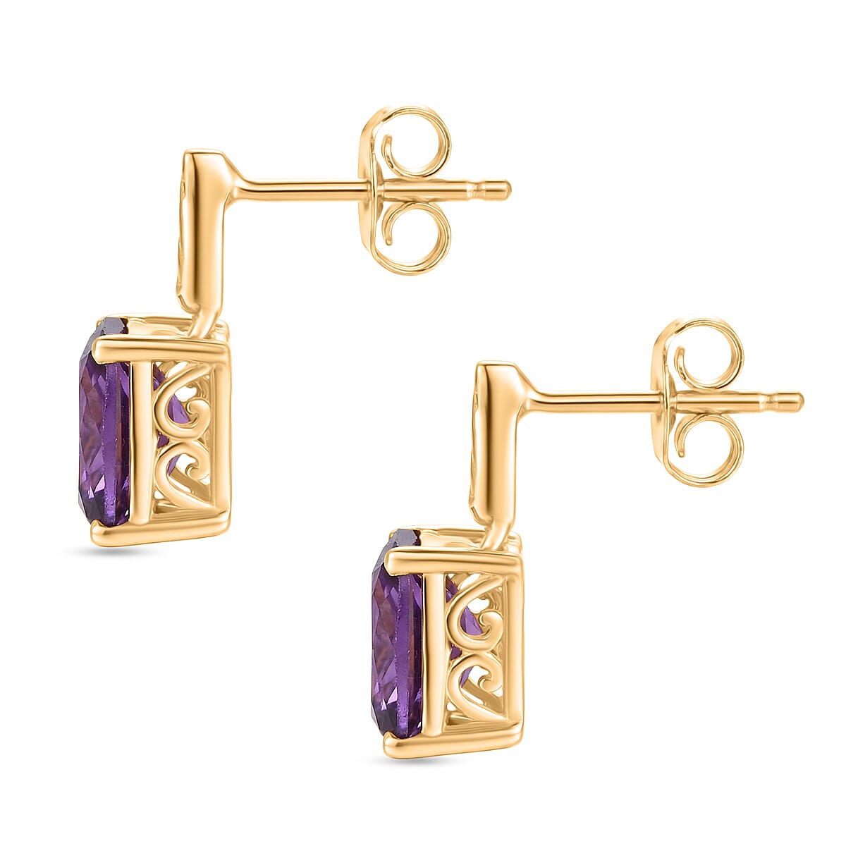 D'Joy - African Amethyst Solitaire Earring with Push Back in Yellow Gold Plated Sterling Silver 2.85 Ct.