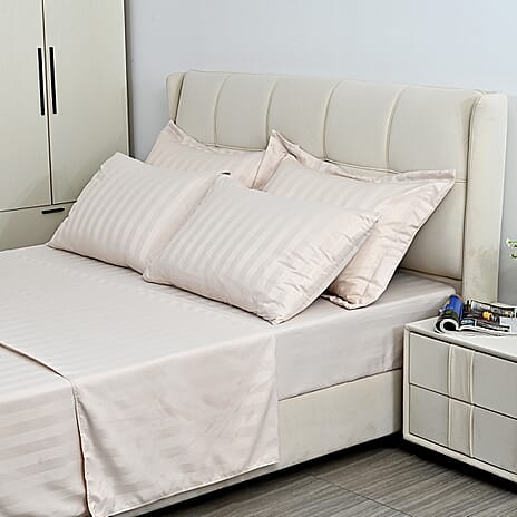 LIVMORE 6-Piece Luxury Hotel-Style Striped Bedding Sheet Set - Inc. Duvet Cover, Fitted Sheet, 2 Housewife Pillowcases & 2 Oxford Pillowcases (200 x 200 cm, Double) - Beige