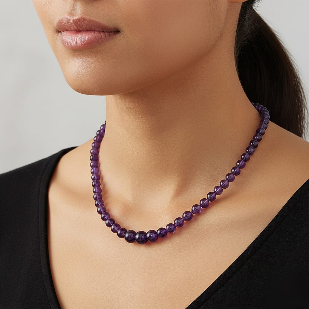D'Joy African Amethyst Beads Necklace (Size - 20) with Magnetic Lock in Rhodium Overlay Sterling Silver 353.00 Ct.