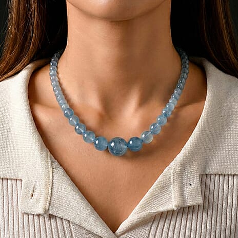AAA Brazilian Santa Maria Aquamarine Necklace (Size - 20) with Magnetic Lock in Rhodium Overlay Sterling Silver 240.00 Ct.