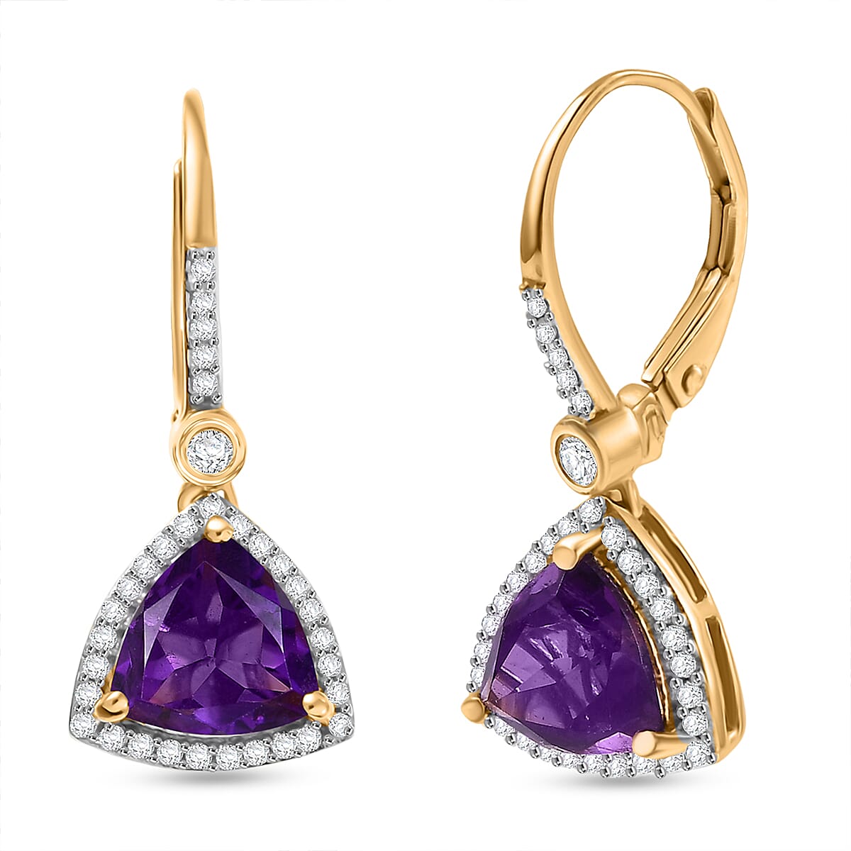 D'Joy AAA African Amethyst & White Zircon Solitaire Lever Back Earring in Yellow Gold Plated Sterling Silver 4.07 Ct