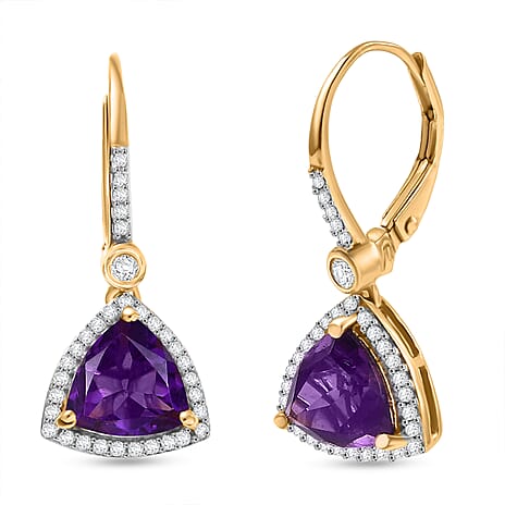 D'Joy AAA African Amethyst & White Zircon Solitaire Lever Back Earring in Yellow Gold Plated Sterling Silver 4.07 Ct