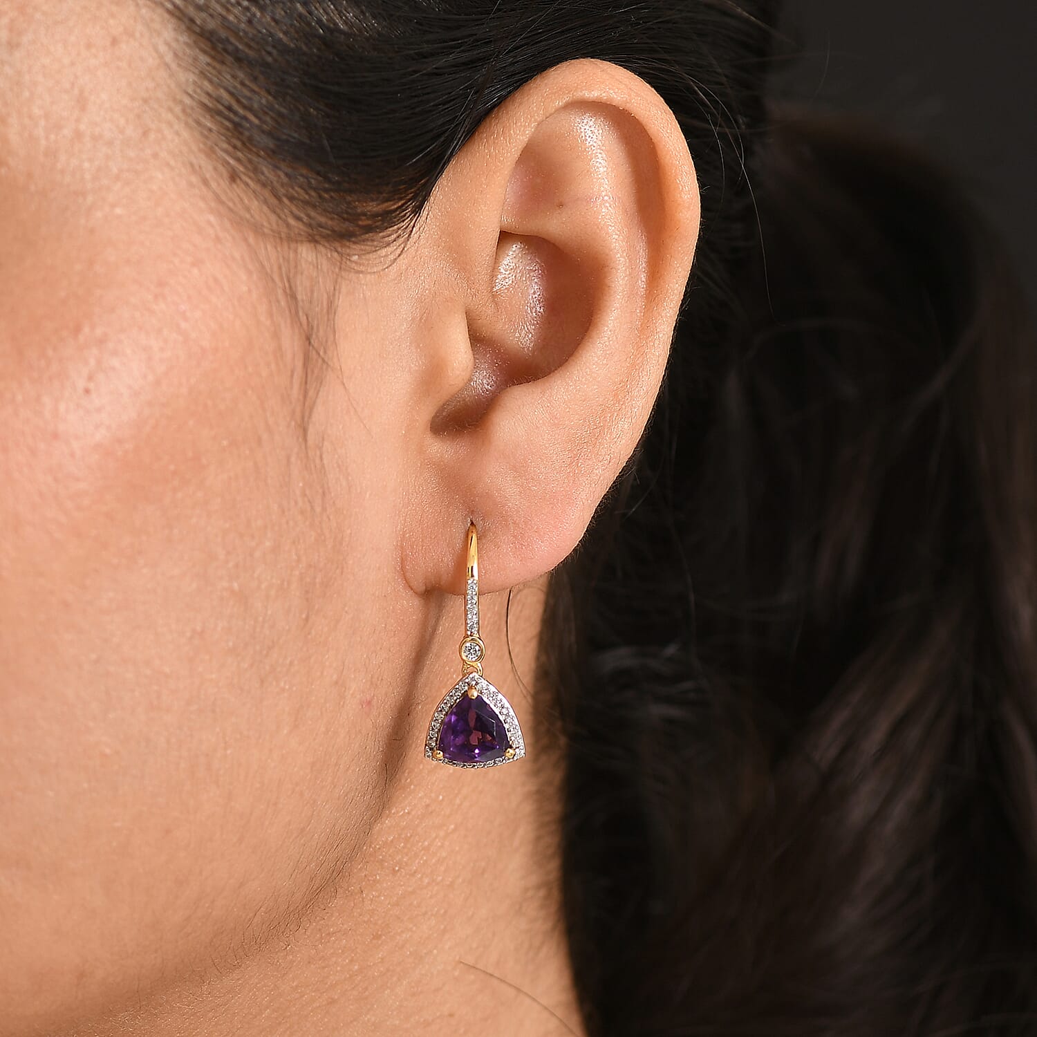 D'Joy AAA African Amethyst & White Zircon Solitaire Lever Back Earring in Yellow Gold Plated Sterling Silver 4.07 Ct