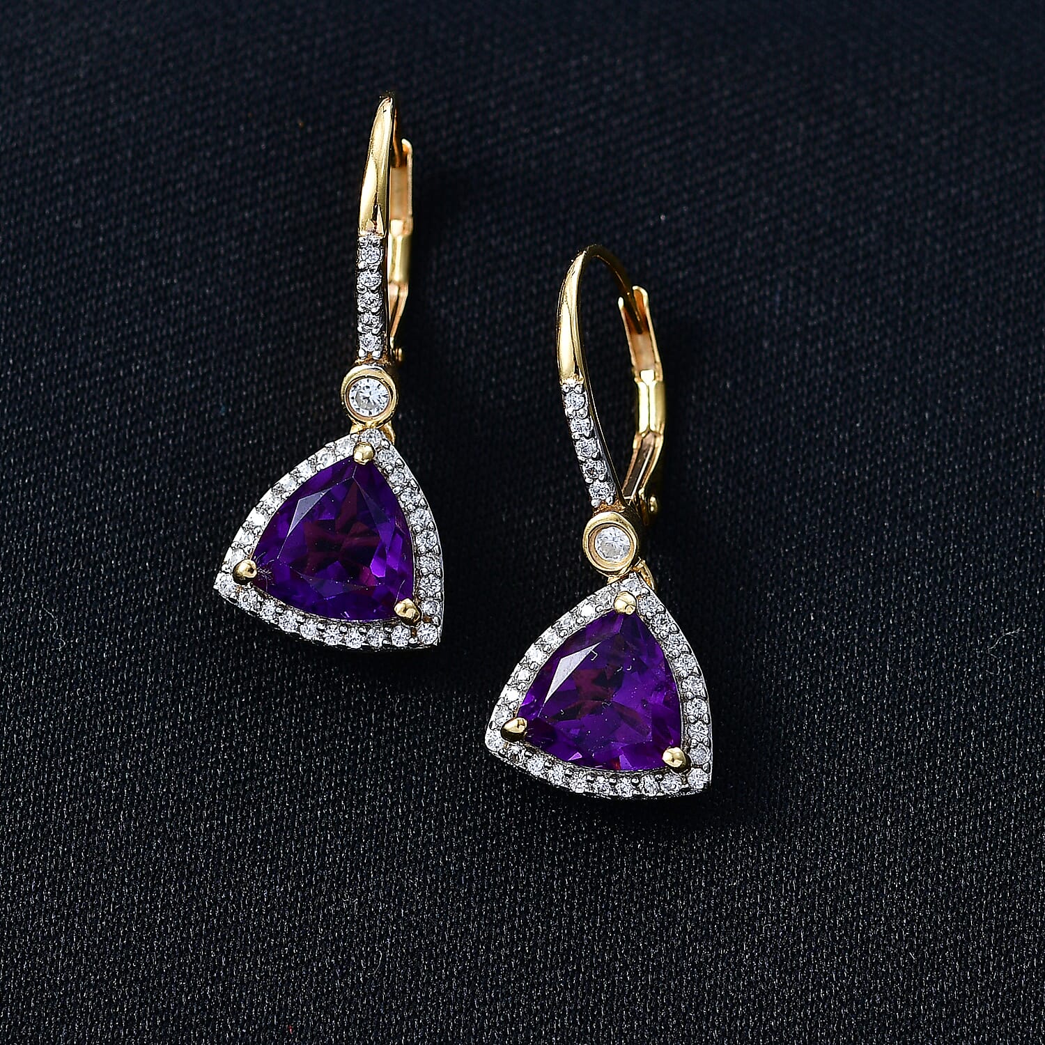 D'Joy AAA African Amethyst & White Zircon Solitaire Lever Back Earring in Yellow Gold Plated Sterling Silver 4.07 Ct