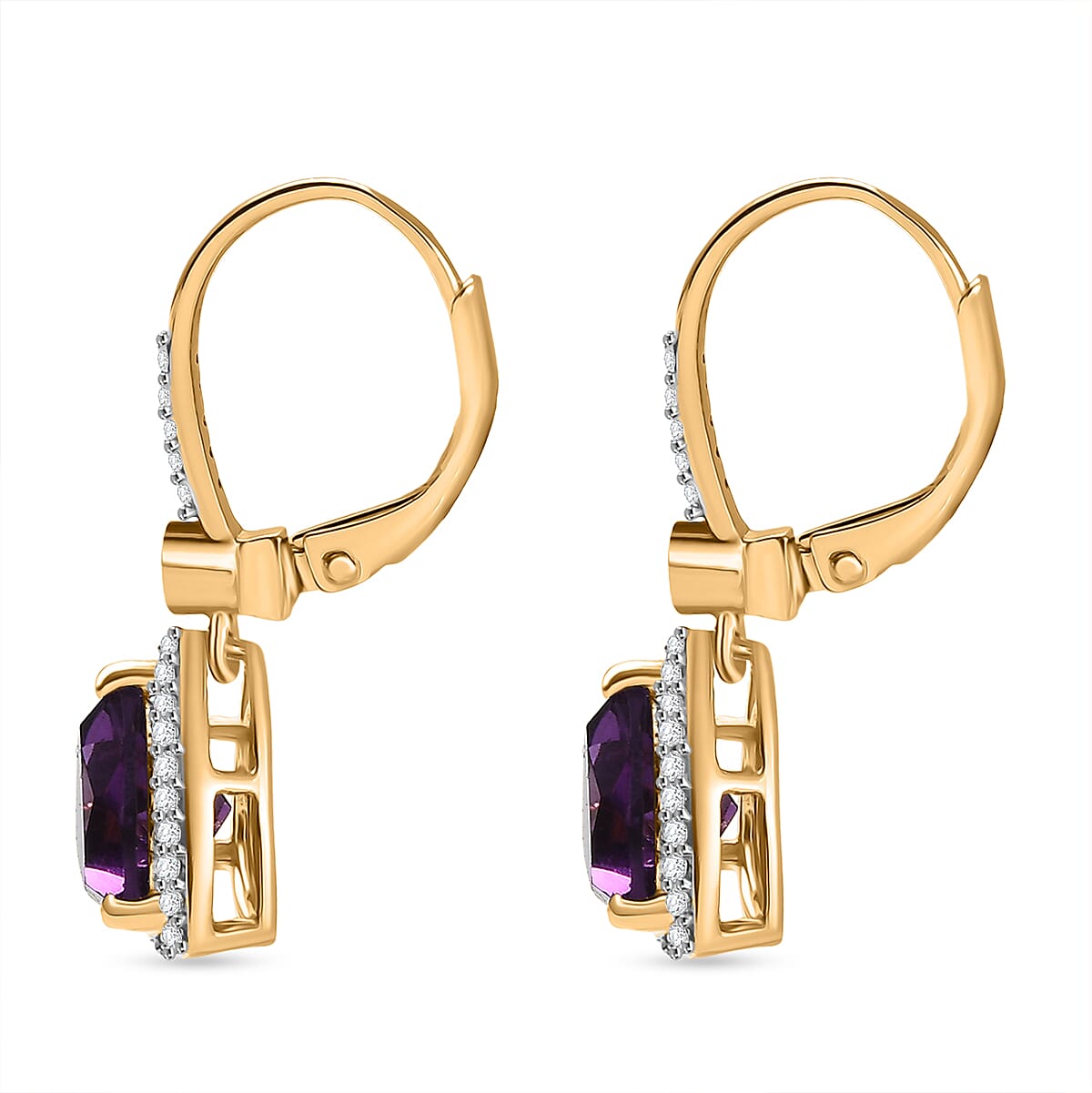 D'Joy AAA African Amethyst & White Zircon Solitaire Lever Back Earring in Yellow Gold Plated Sterling Silver 4.07 Ct