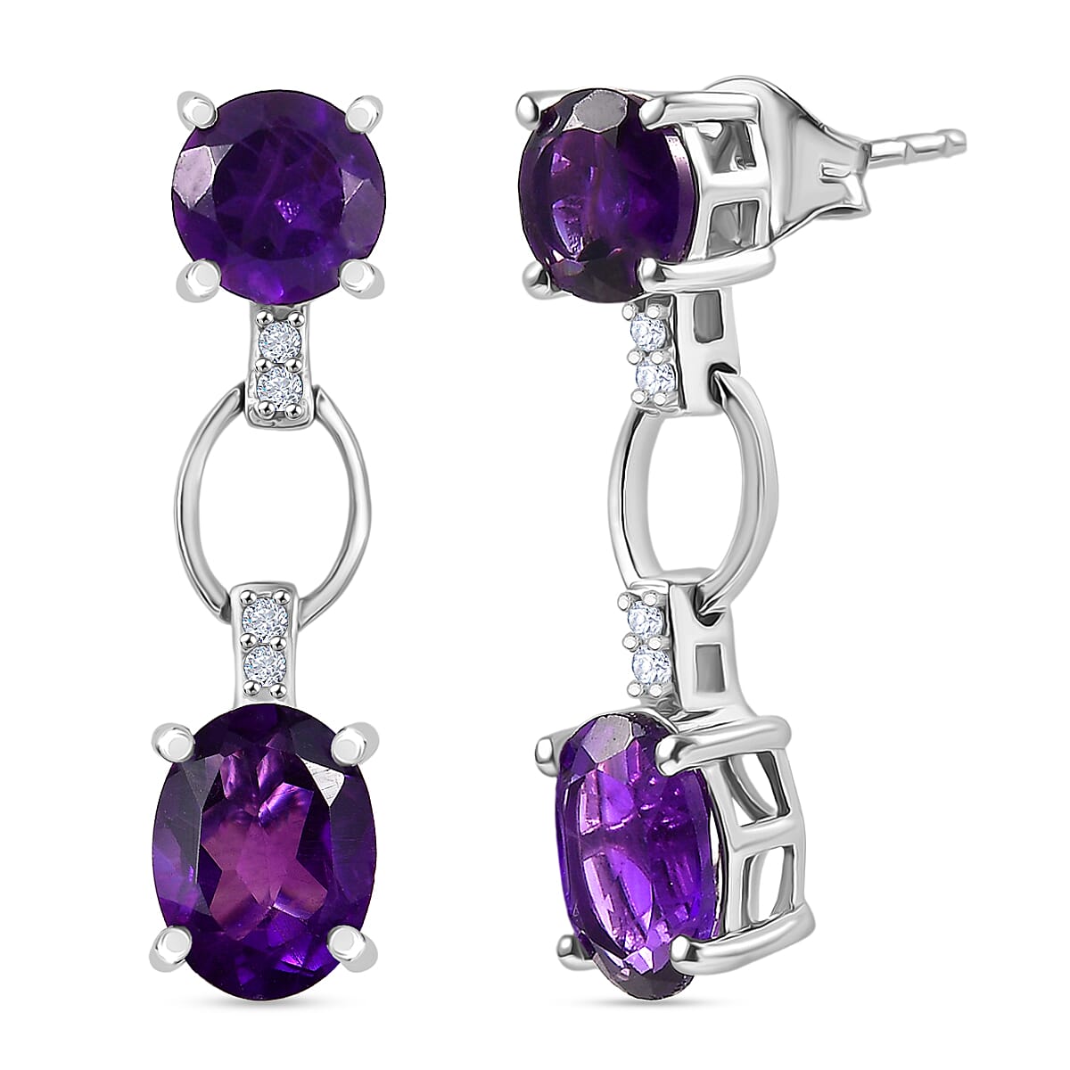D'Joy AAA African Amethyst & White Zircon Solitaire Dangling Push Post Earring in Platinum Overlay Sterling Silver 3.66 Ct.