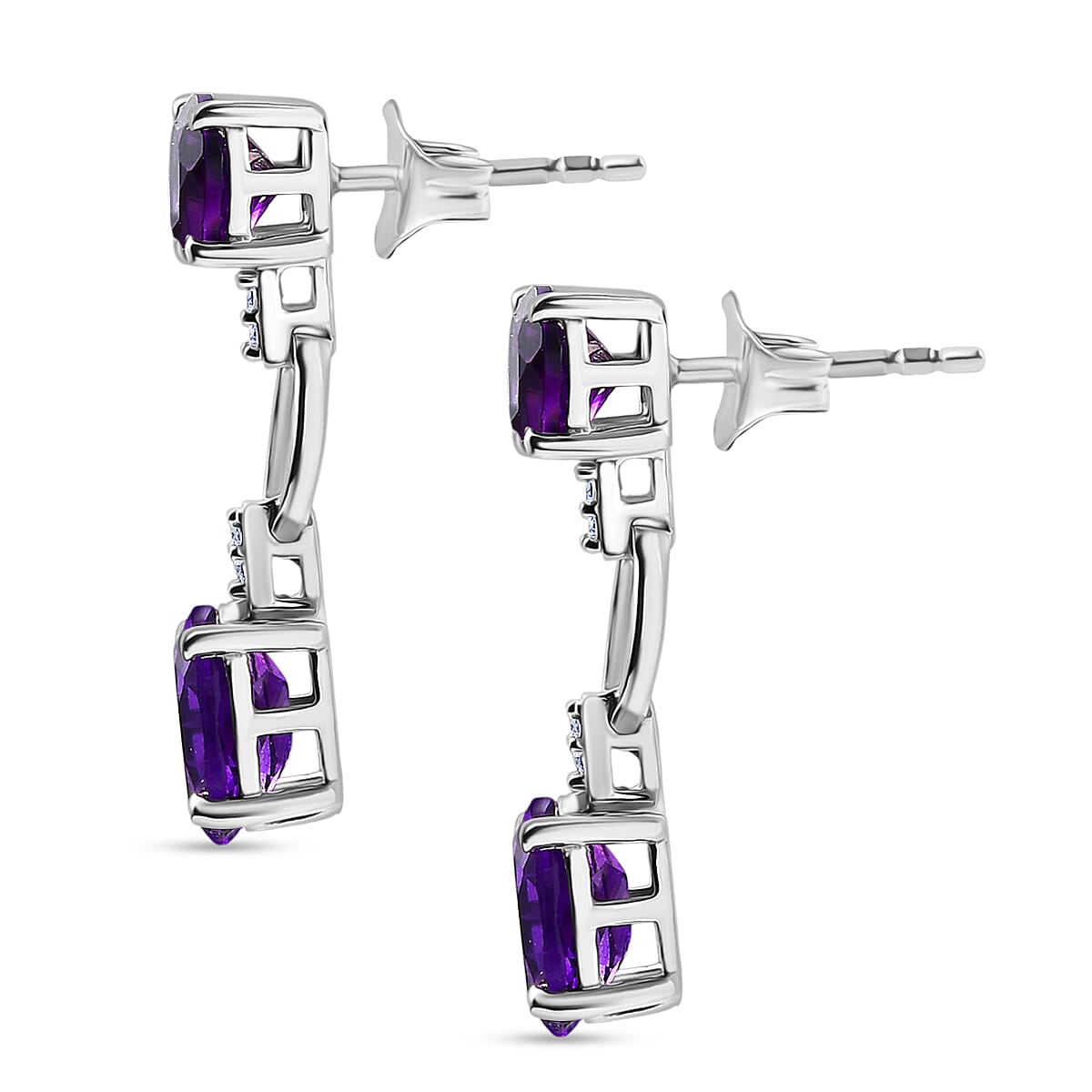 D'Joy AAA African Amethyst & White Zircon Solitaire Dangling Push Post Earring in Platinum Overlay Sterling Silver 3.66 Ct.