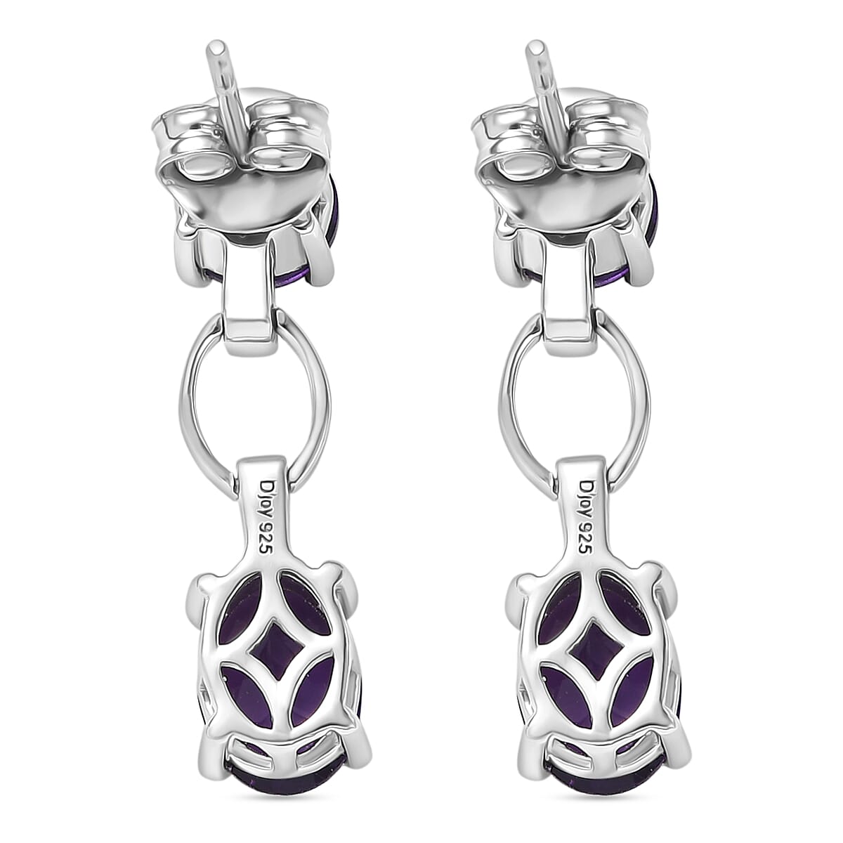 D'Joy AAA African Amethyst & White Zircon Solitaire Dangling Push Post Earring in Platinum Overlay Sterling Silver 3.66 Ct.