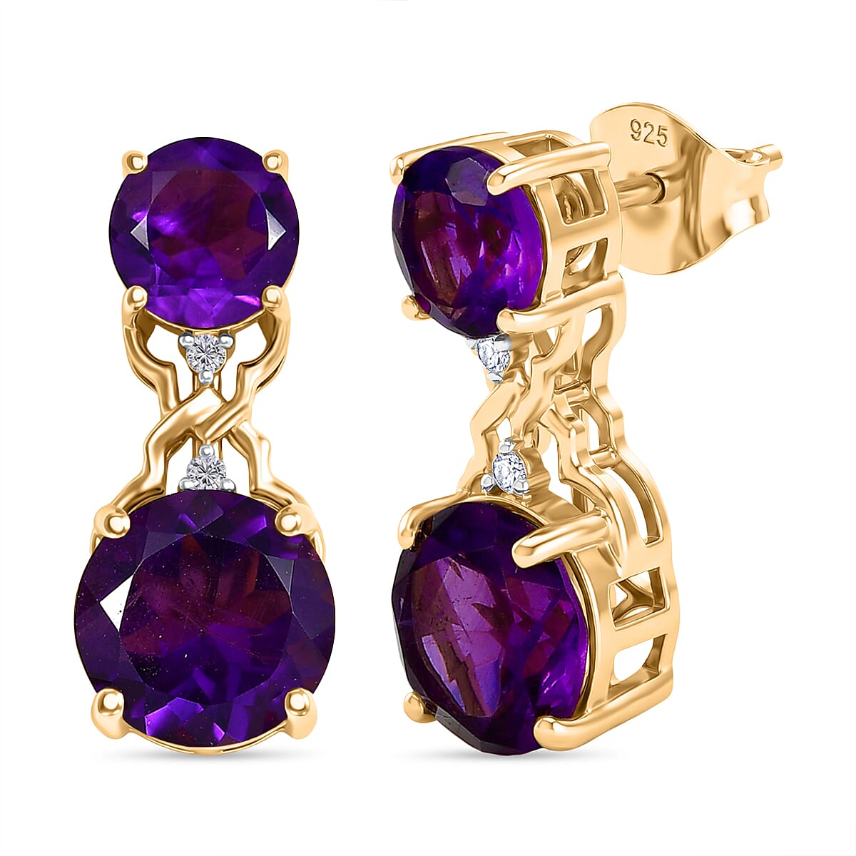 D'Joy AAA African Amethyst & White Zircon Solitaire Stud Push Post Earring in Yellow Gold Plated Sterling Silver 5.04 Ct.