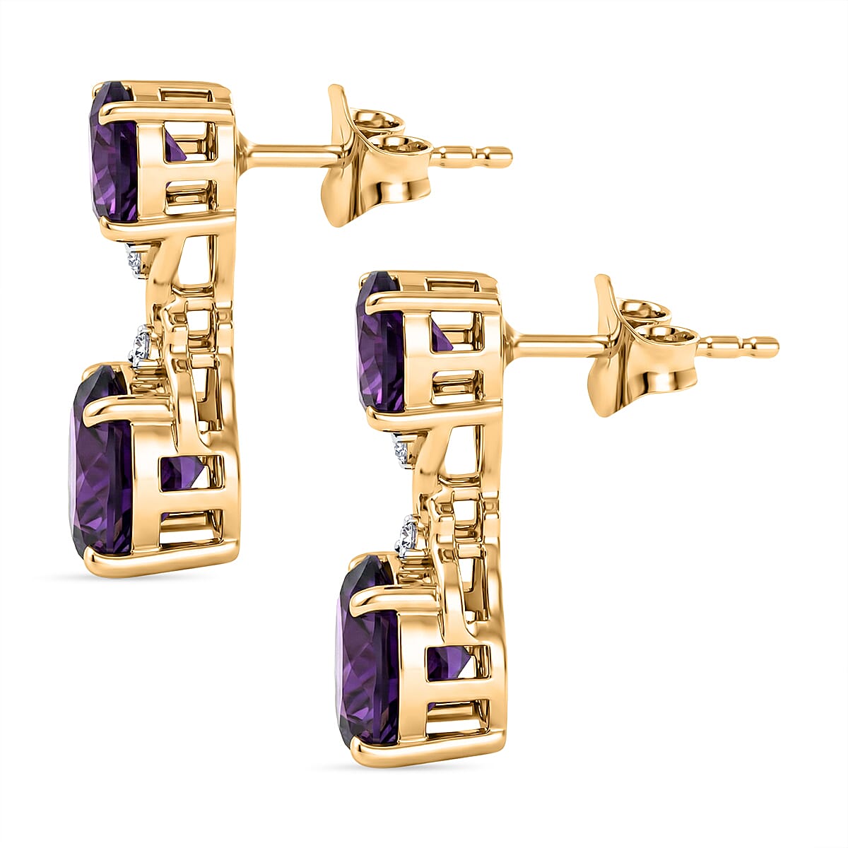 D'Joy AAA African Amethyst & White Zircon Solitaire Stud Push Post Earring in Yellow Gold Plated Sterling Silver 5.04 Ct.