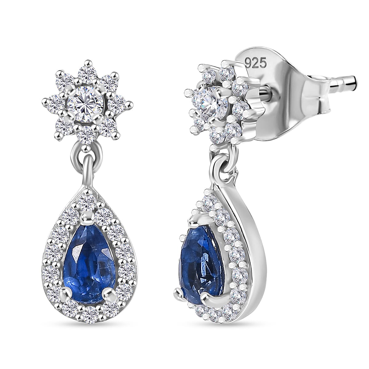 D'Joy AAA Natural Kashmir Kyanite & White Zircon Pear Cut Dangling Earring with Push Back in Rhodium Overlay Sterling Silver 1.06 Ct.