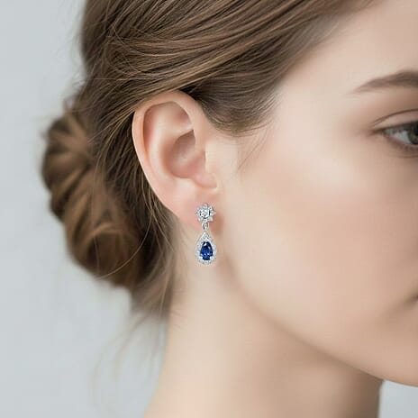 D'Joy AAA Natural Kashmir Kyanite & White Zircon Pear Cut Dangling Earring with Push Back in Rhodium Overlay Sterling Silver 1.06 Ct.