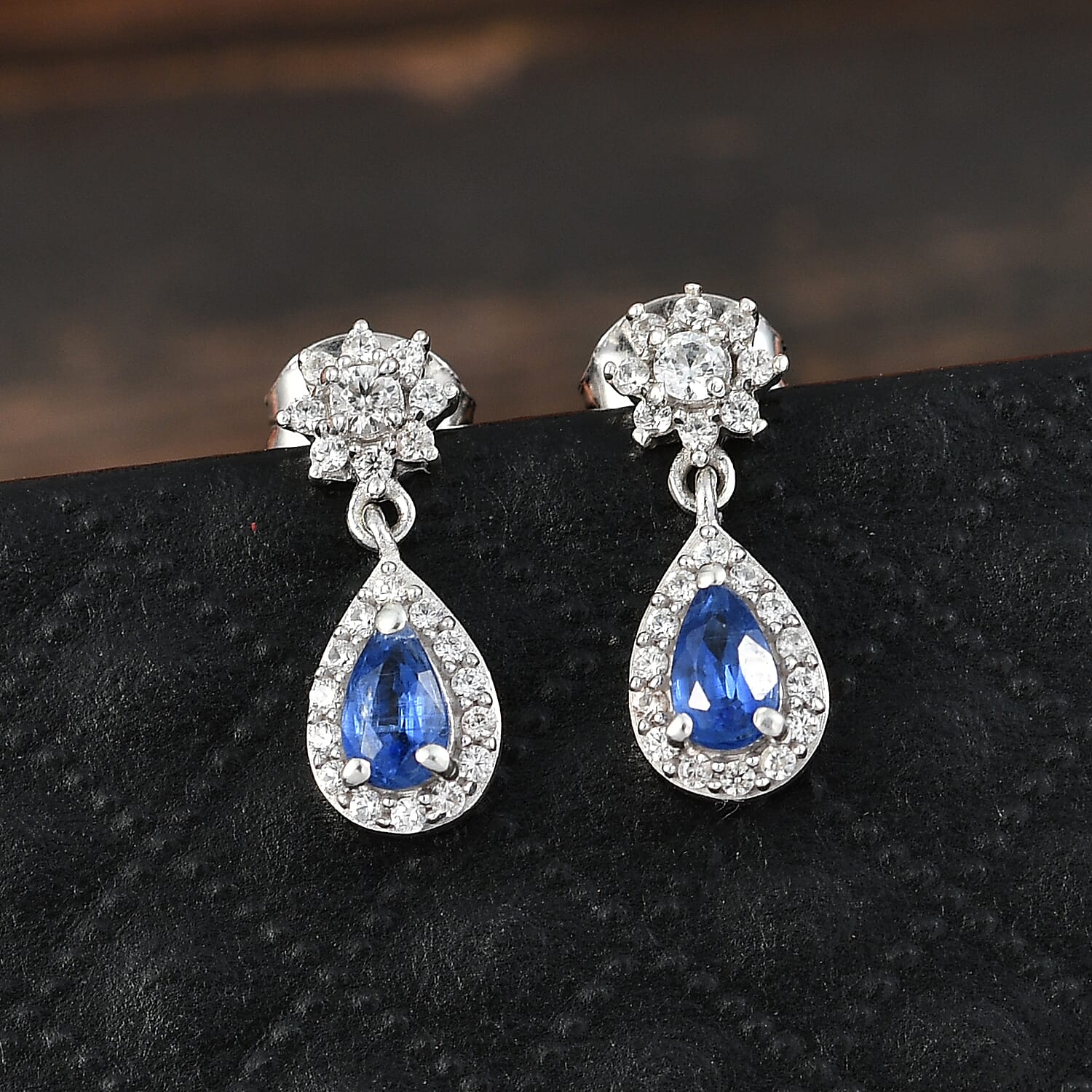 D'Joy AAA Natural Kashmir Kyanite & White Zircon Pear Cut Dangling Earring with Push Back in Rhodium Overlay Sterling Silver 1.06 Ct.