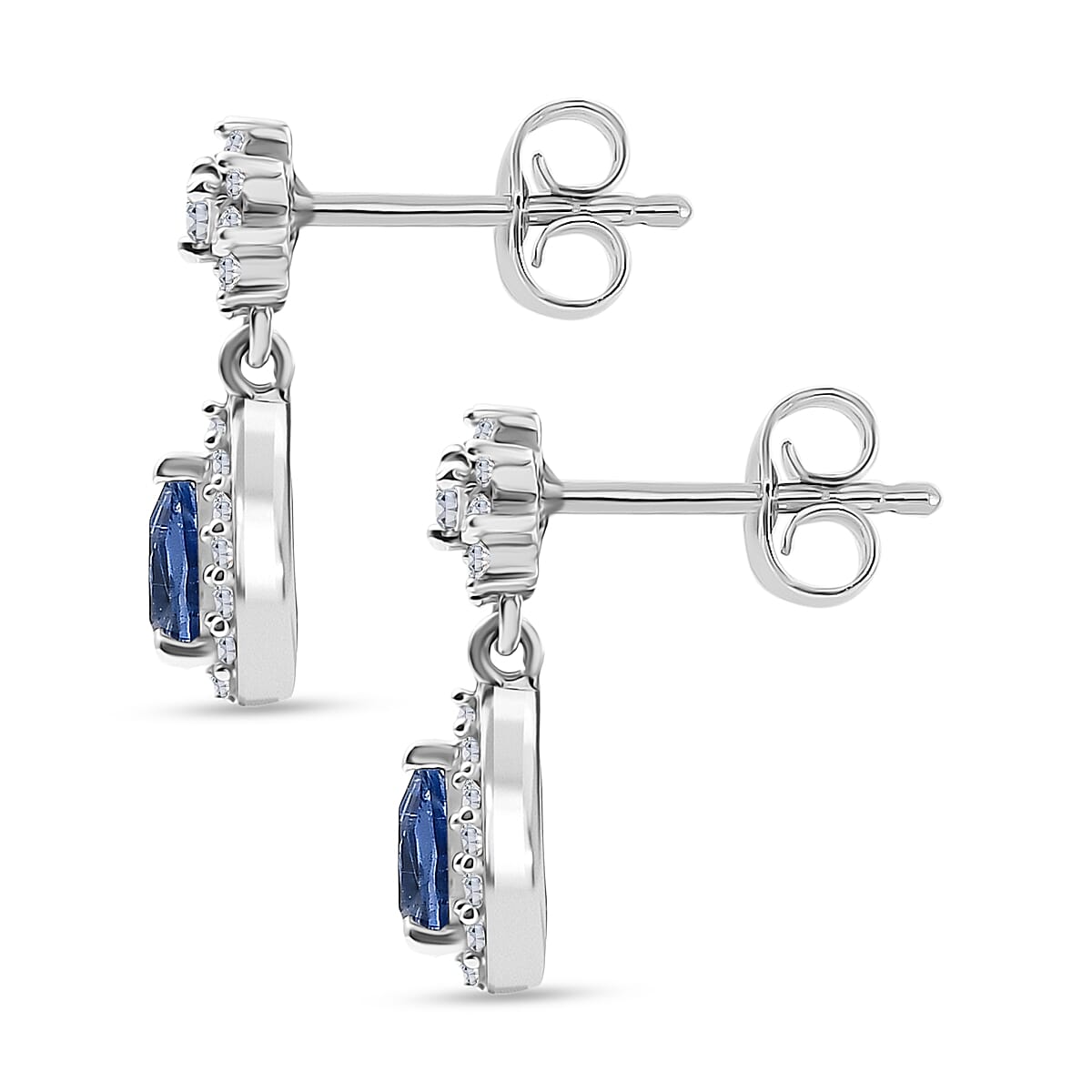 D'Joy AAA Natural Kashmir Kyanite & White Zircon Pear Cut Dangling Earring with Push Back in Rhodium Overlay Sterling Silver 1.06 Ct.