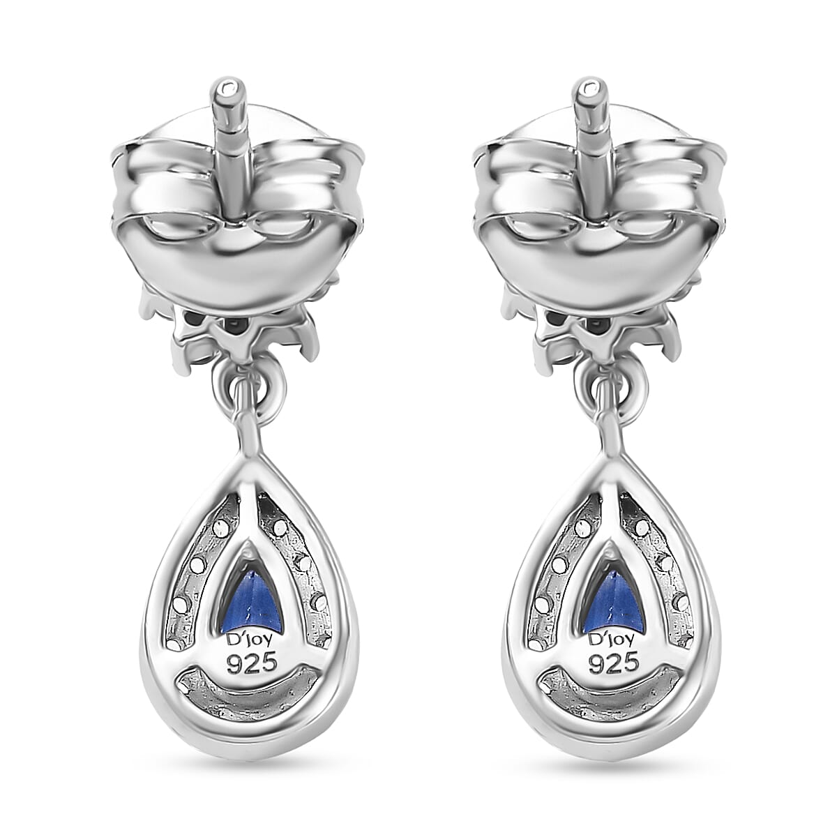D'Joy AAA Natural Kashmir Kyanite & White Zircon Pear Cut Dangling Earring with Push Back in Rhodium Overlay Sterling Silver 1.06 Ct.