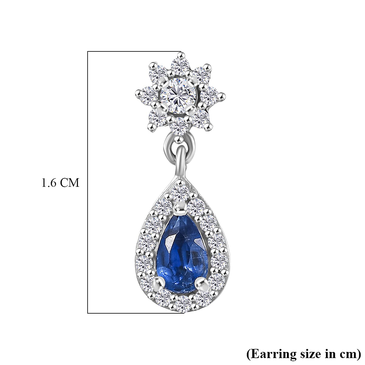 D'Joy AAA Natural Kashmir Kyanite & White Zircon Pear Cut Dangling Earring with Push Back in Rhodium Overlay Sterling Silver 1.06 Ct.