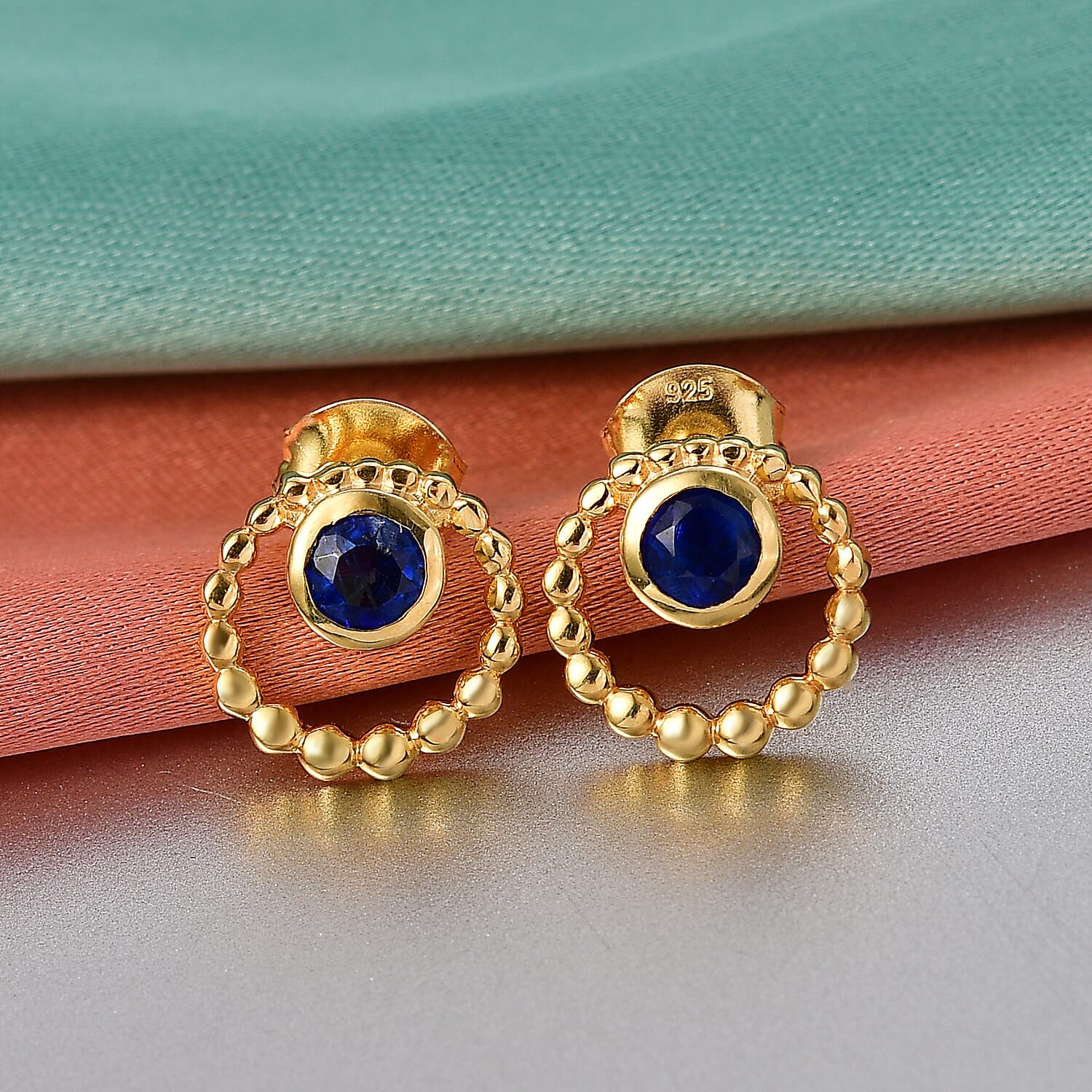 D'Joy AAA Natural Kashmir Kyanite Orbital Earring with Push Back in Yellow Gold Plated Sterling Silver
