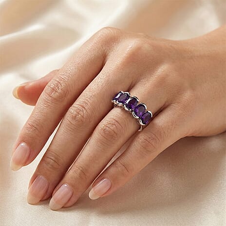 D'Joy AAA African Amethyst 5 Stone Ring in Platinum Overlay Sterling Silver 3.50 Ct.