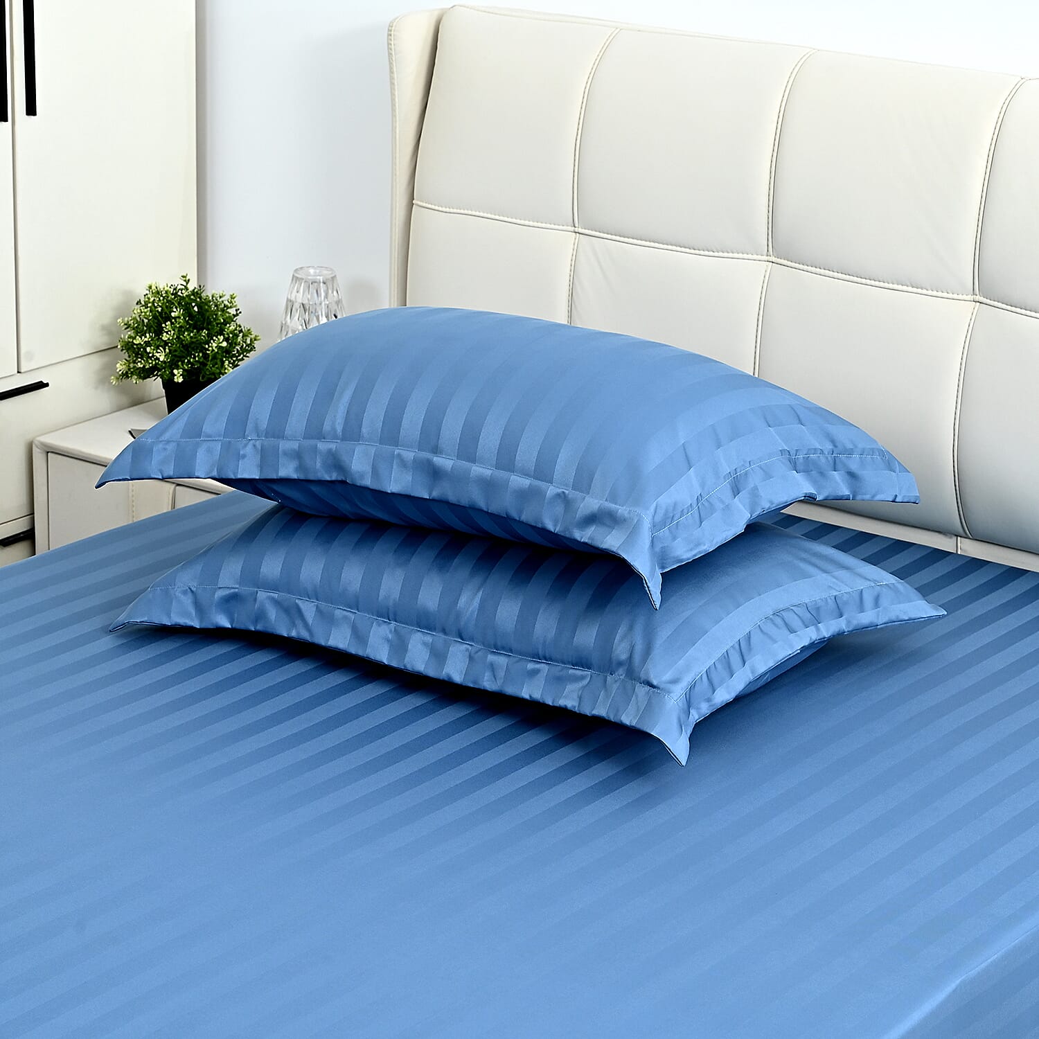 LIVMORE Cotton Striped Bedding Set (Size 200x1 cm) - Denim Blue