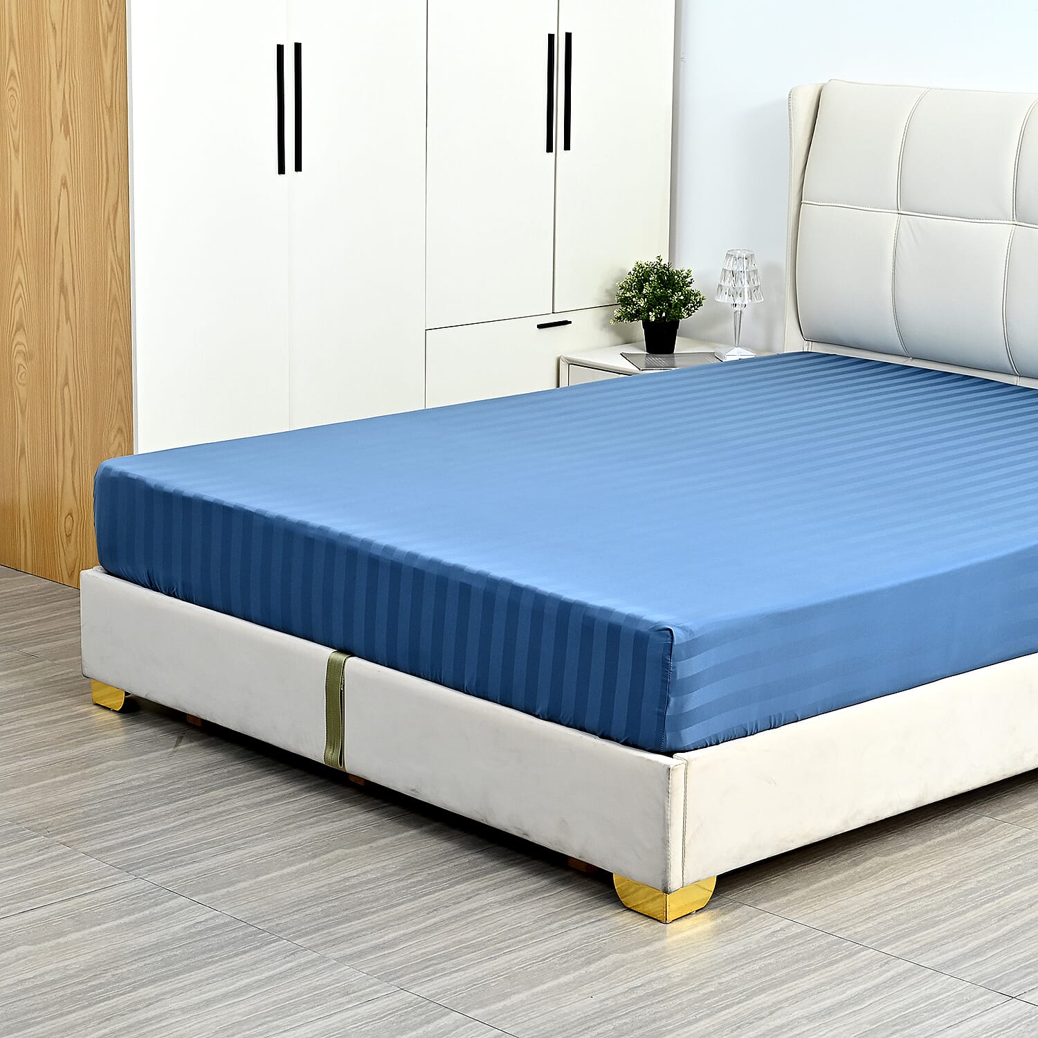 LIVMORE Cotton Striped Bedding Set (Size 225x1 cm) - Denim Blue