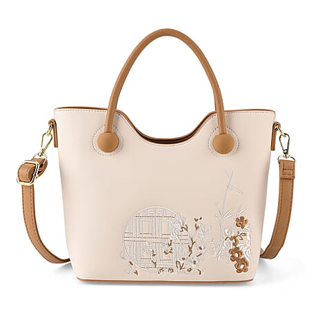 Designer Inspired Tote Handbag with Shoulder Strap - Brown & White