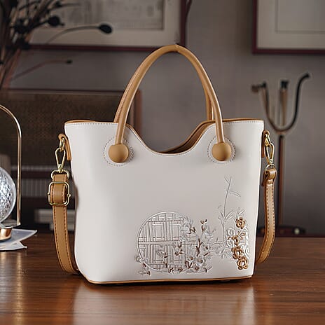 Designer Inspired Tote Handbag with Shoulder Strap - Brown & White