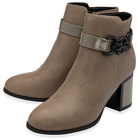 Lotus Amarin Block Heel Ankle Boots With Metallic Chain Detail (Size 4) - Taupe