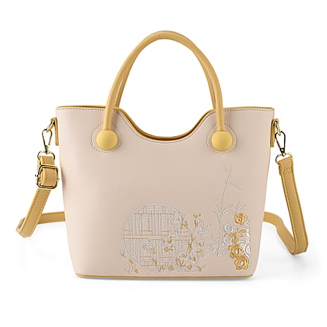 Designer Inspired Tote Handbag with Shoulder Strap - Yellow & White
