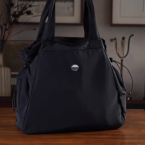 Designer Inspired Multi-pocket Side Cinch Tote Shopper Shoulder Bag - Black