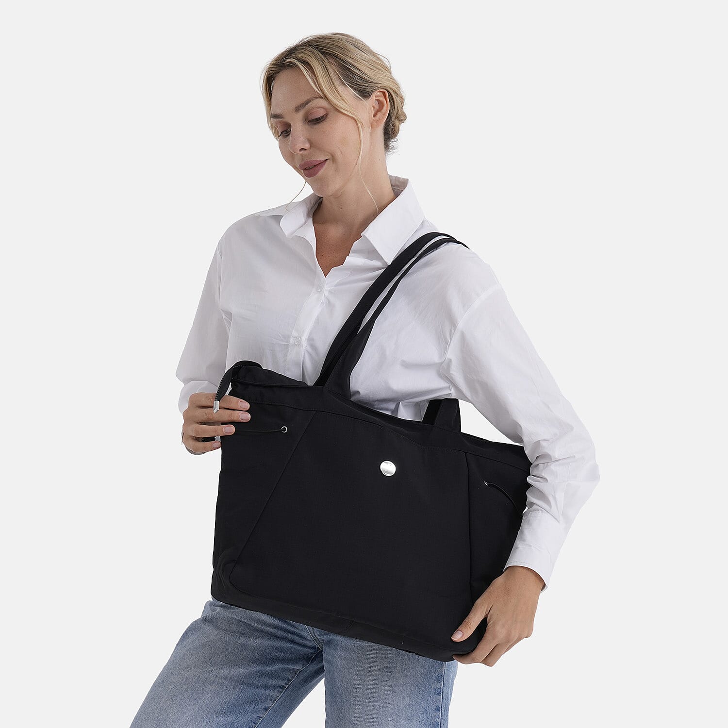 Designer Inspired Multi-Pocket Tote Bag - Black