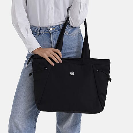 Designer Inspired Multi-pocket Side Cinch Tote Shopper Shoulder Bag - Black
